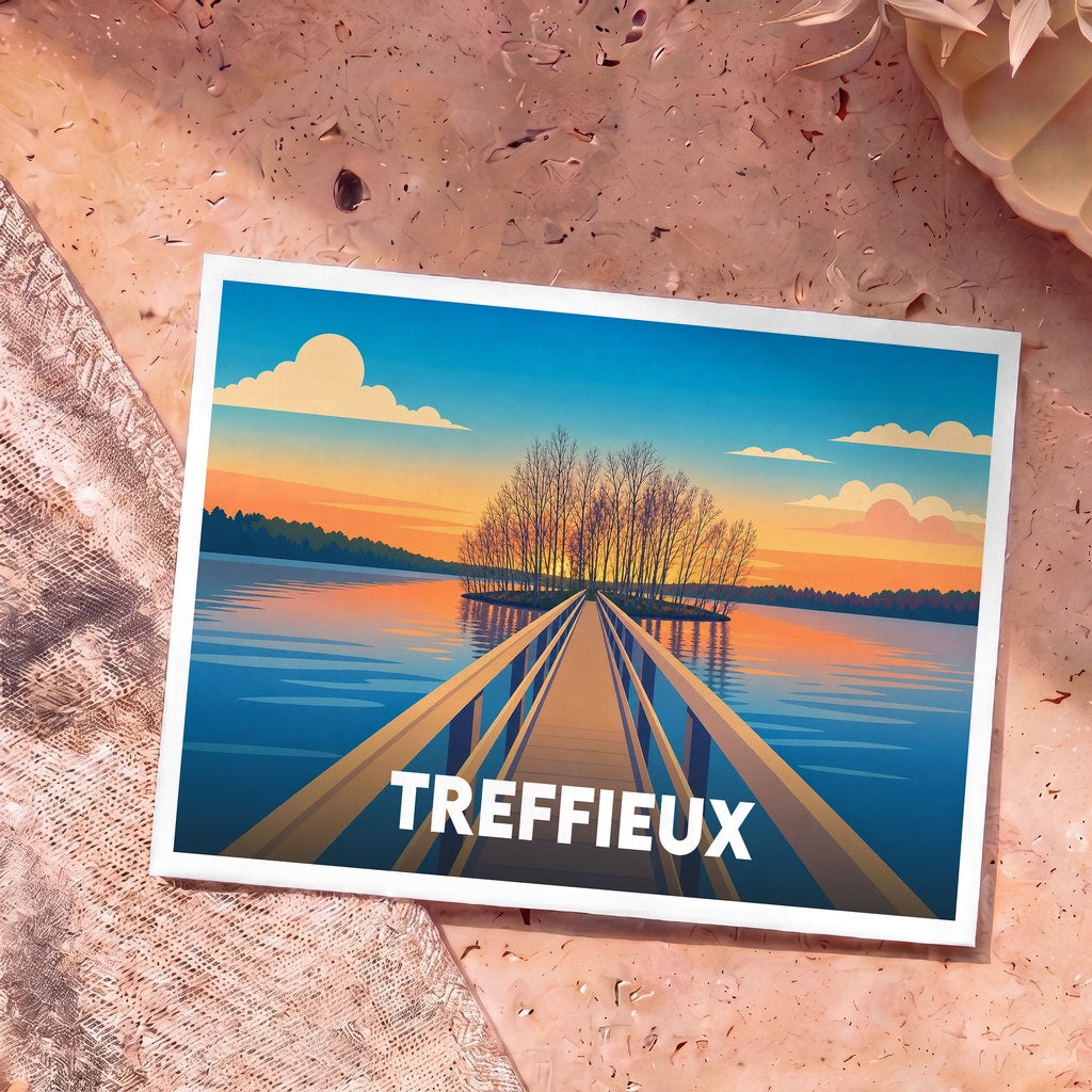 Carte postale souvenir de la ville de Treffieux avec une illustration stylisée d'un ponton sur un lac au coucher du soleil.
