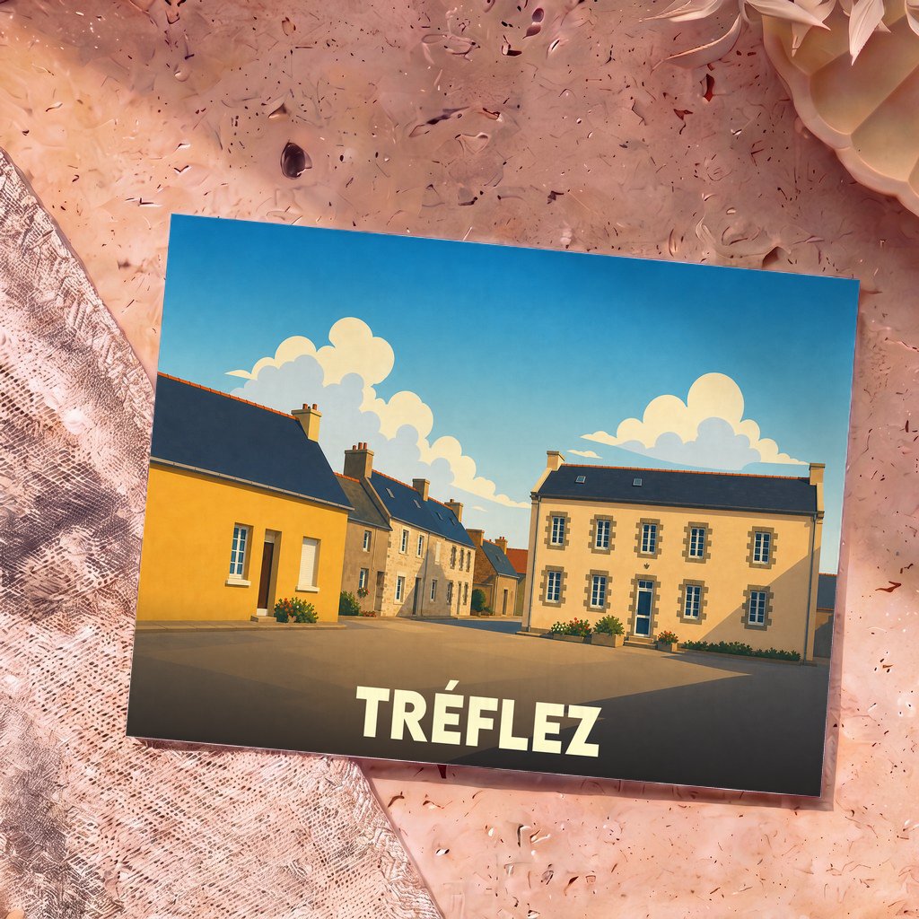 Carte postale souvenir de la ville de Tréflez avec une illustration stylisée de ses maisons colorées sous un ciel azur.
