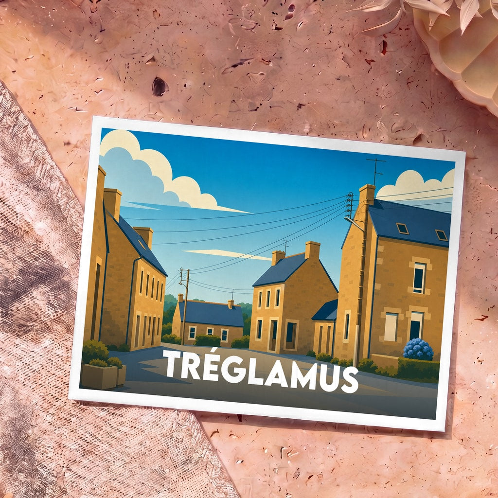 Carte postale souvenir de la ville de Tréglamus avec une illustration stylisée de ses maisons en pierre sous un ciel bleu.
