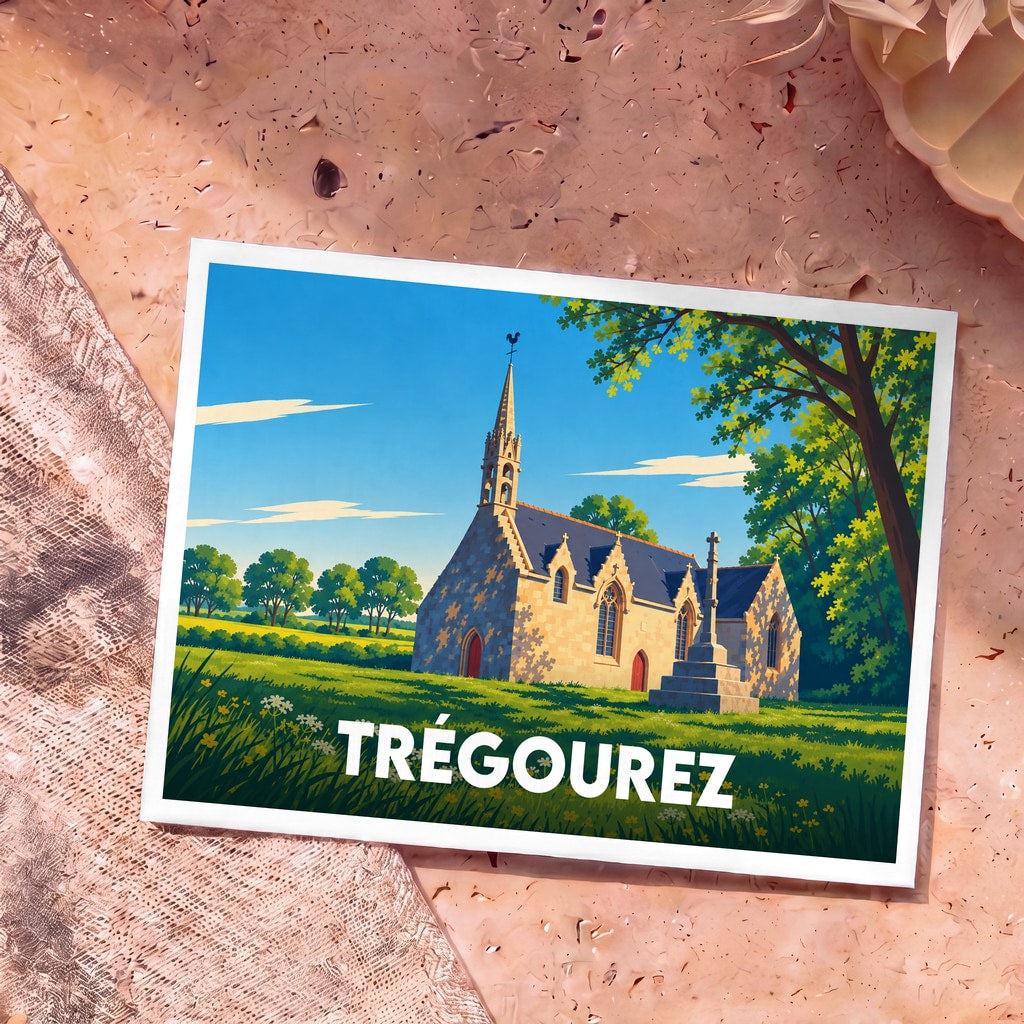 Carte postale souvenir de la ville de Trégourez illustrant son église et son calvaire dans un style graphique épuré.