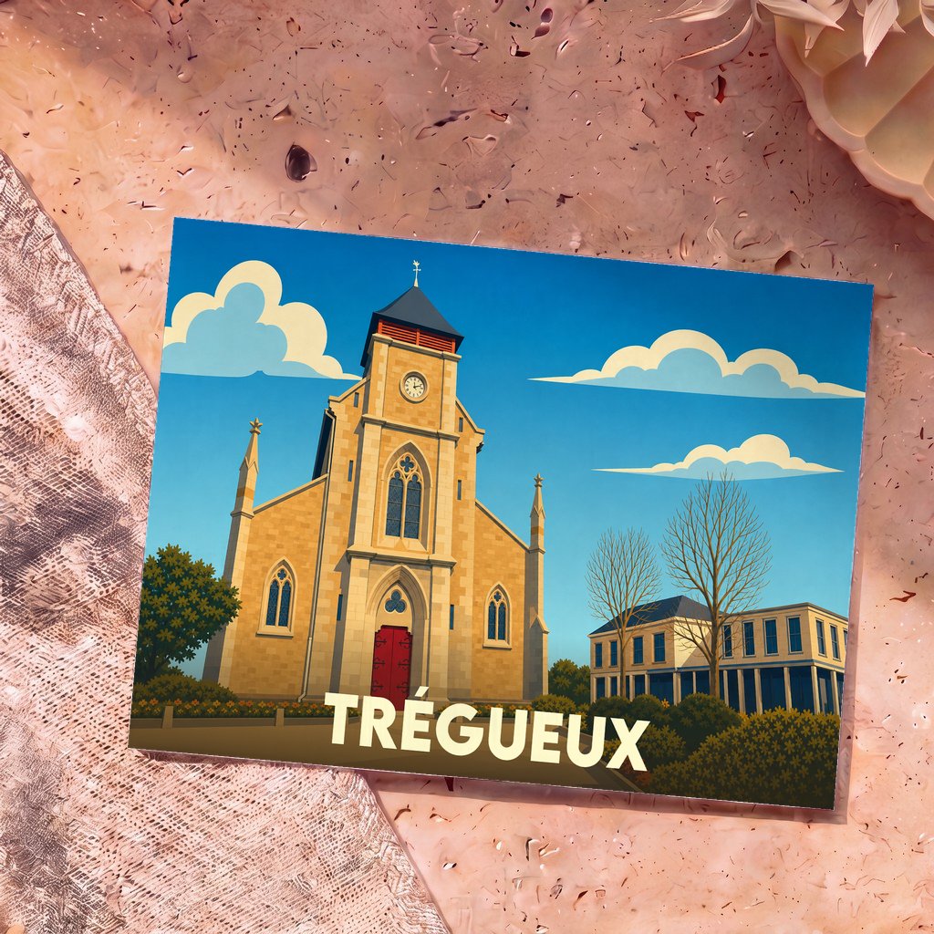Carte postale souvenir de la ville de Trégueux illustrant l'église et la mairie dans un style graphique épuré.