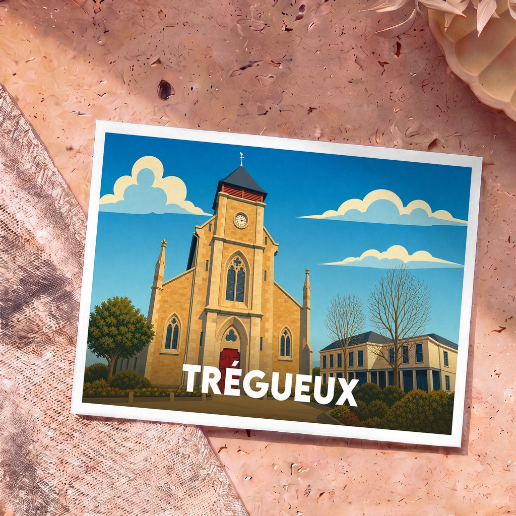 Carte postale souvenir de la ville de Trégueux illustrant l'église et la mairie dans un style graphique épuré.
