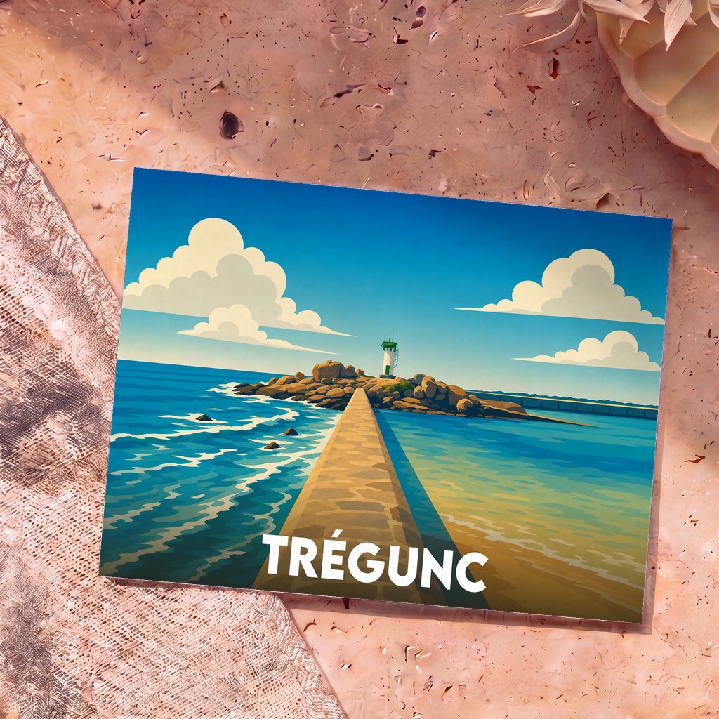 Carte postale souvenir de la ville de Trégunc avec une illustration stylisée d'un phare au bout d'une jetée.