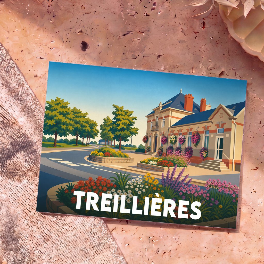 Carte postale souvenir de la ville de Treillières avec une illustration colorée et fleurie de l'hôtel de ville.