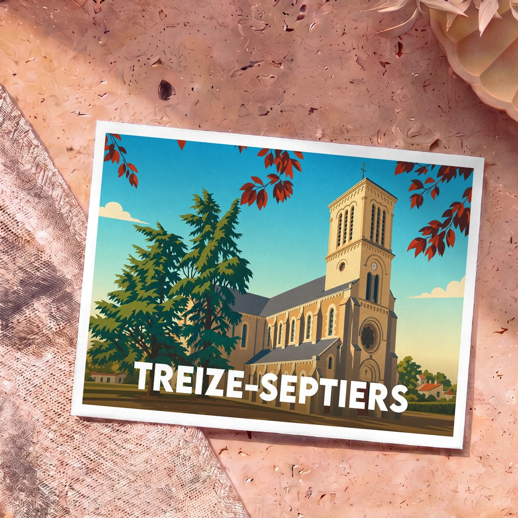 Carte postale souvenir de la ville de Treize-Septiers avec une illustration stylisée de son église.