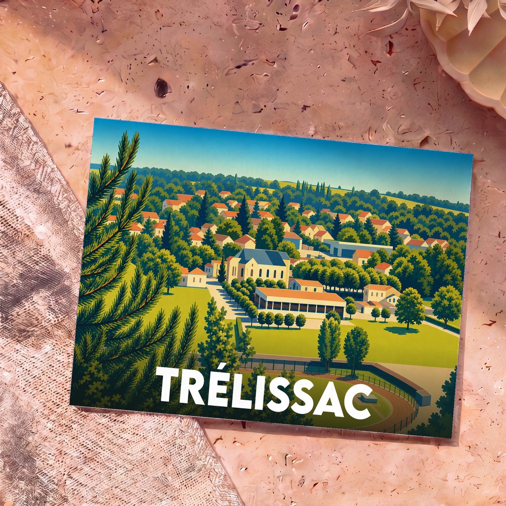 Carte postale souvenir de la ville de Trélissac avec une illustration stylisée et colorée.