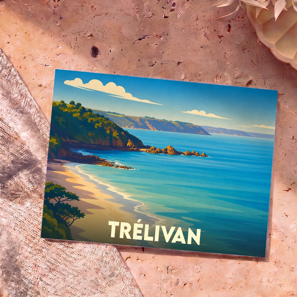 Carte postale souvenir de la ville de Trélivan avec une illustration stylisée d'un littoral côtier.