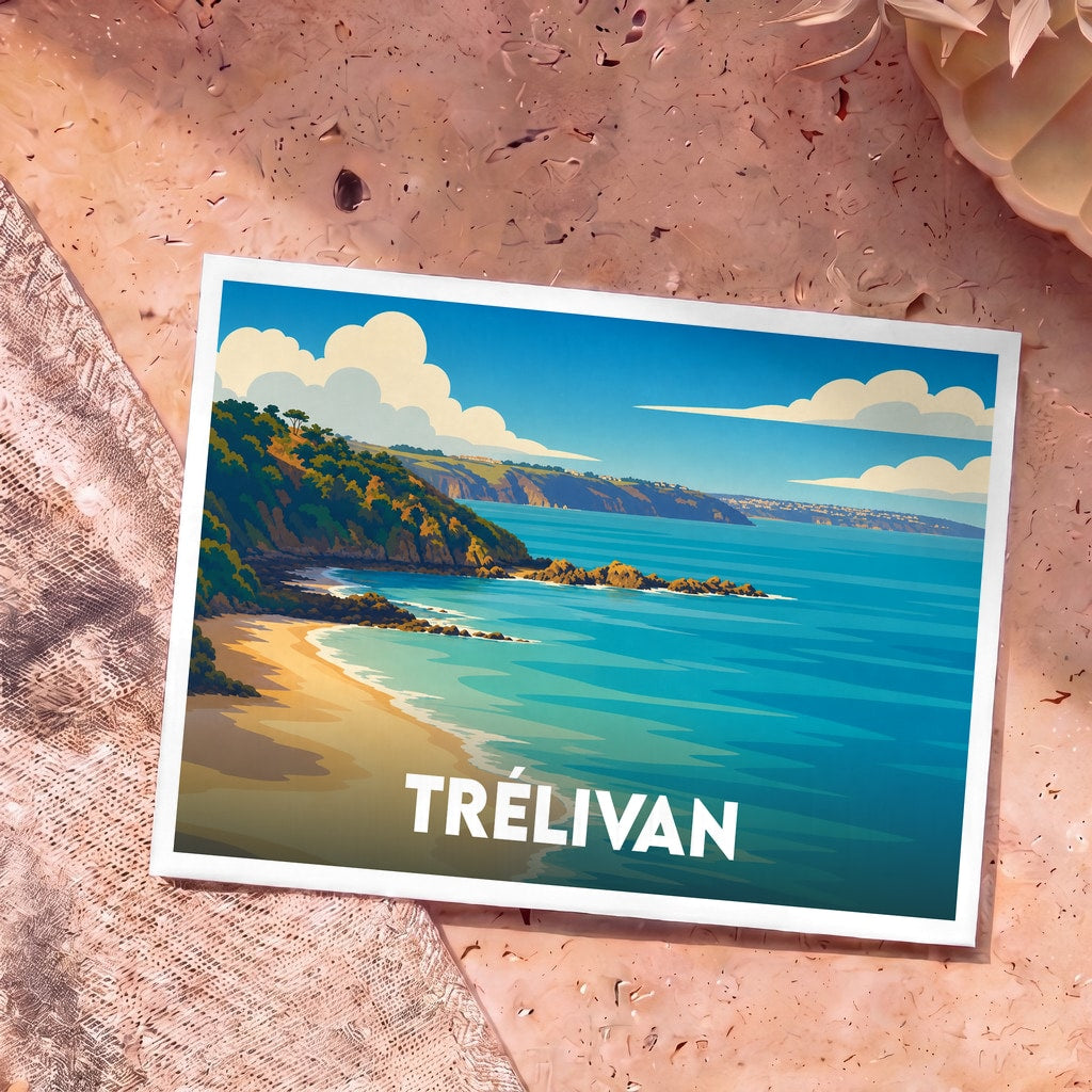 Carte postale souvenir de la ville de Trélivan avec une illustration stylisée d'un littoral côtier.