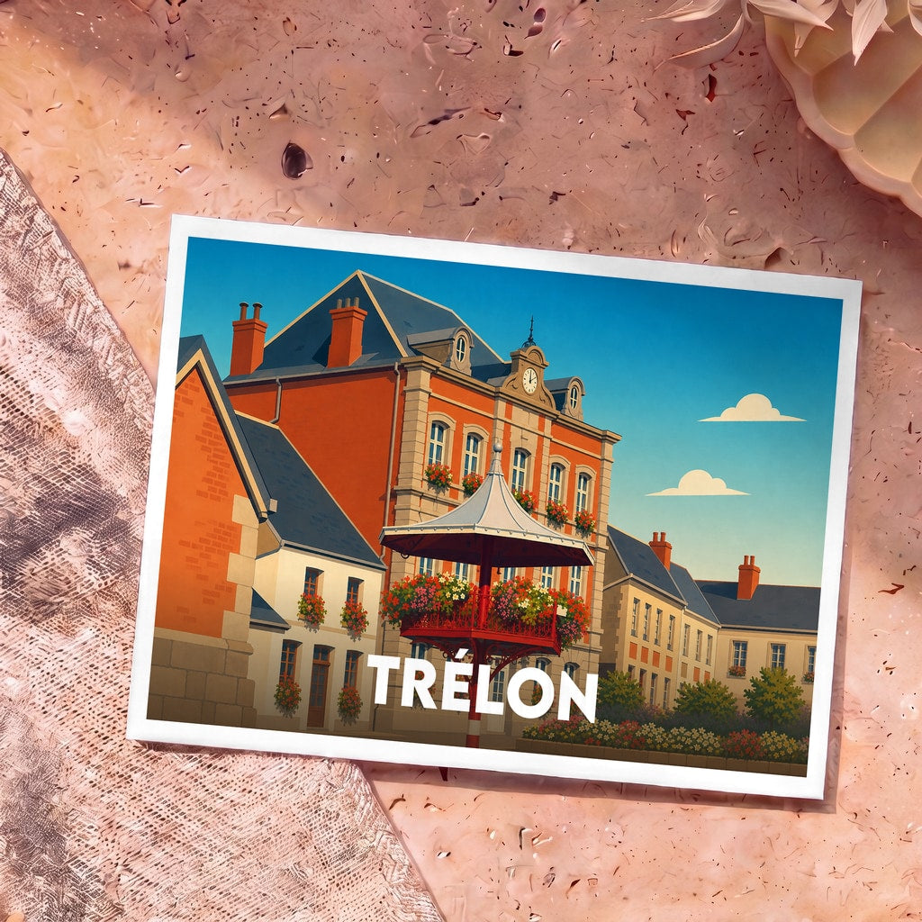 Carte postale souvenir de la ville de Trélon avec une illustration stylisée de son architecture.