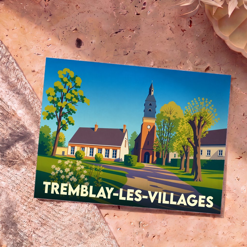 Carte postale souvenir de Tremblay-les-Villages présentant une illustration stylisée et colorée de son église et de ses maisons.