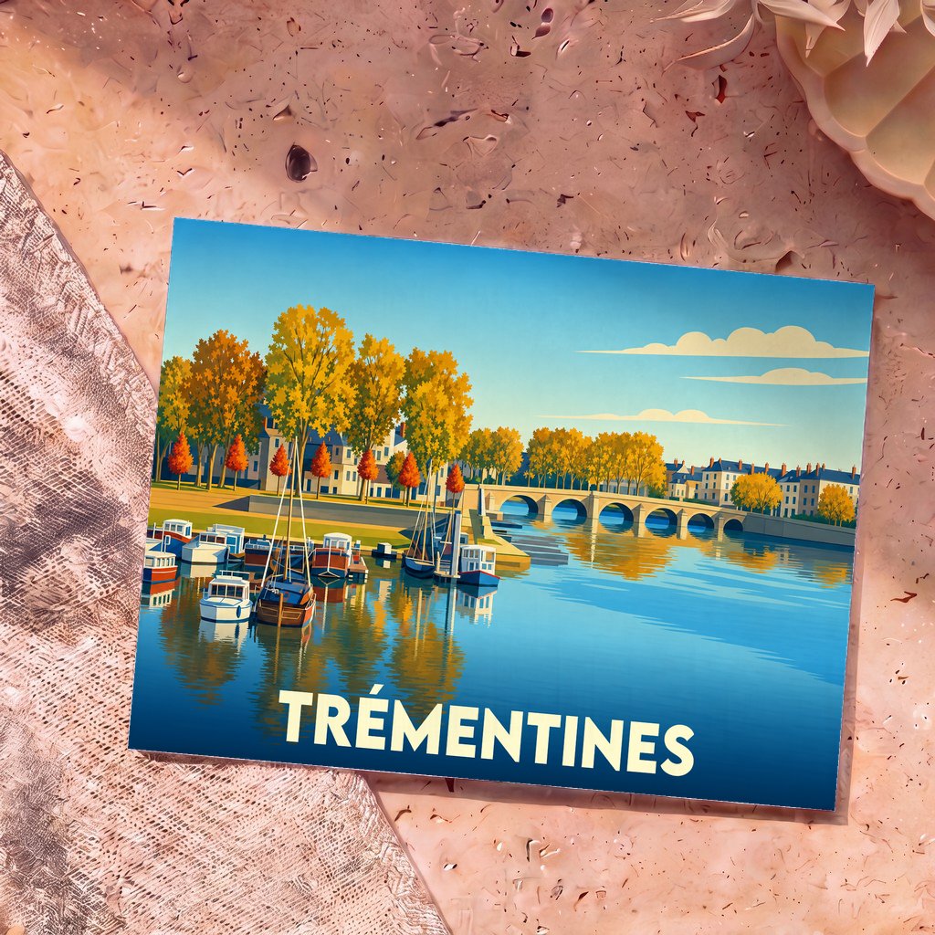 Carte postale souvenir de la ville de Trémentines avec une illustration stylisée d'un port fluvial en automne.