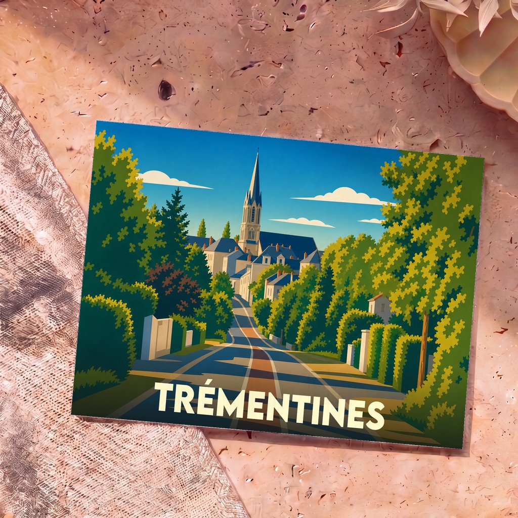 Carte postale souvenir de la ville de Trémentines avec une illustration stylisée d'un village et son clocher.