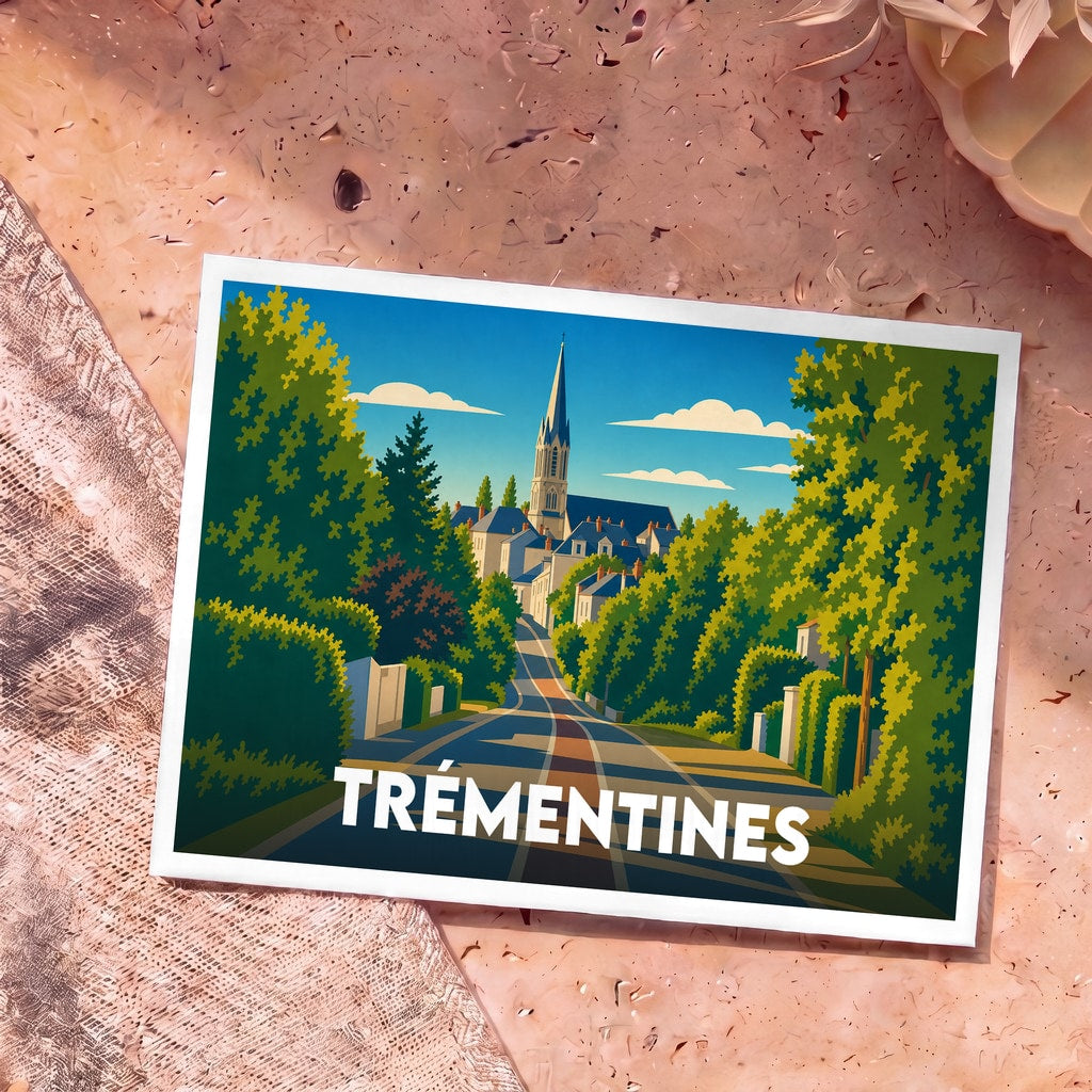 Carte postale souvenir de la ville de Trémentines avec une illustration stylisée d'un village et son clocher.