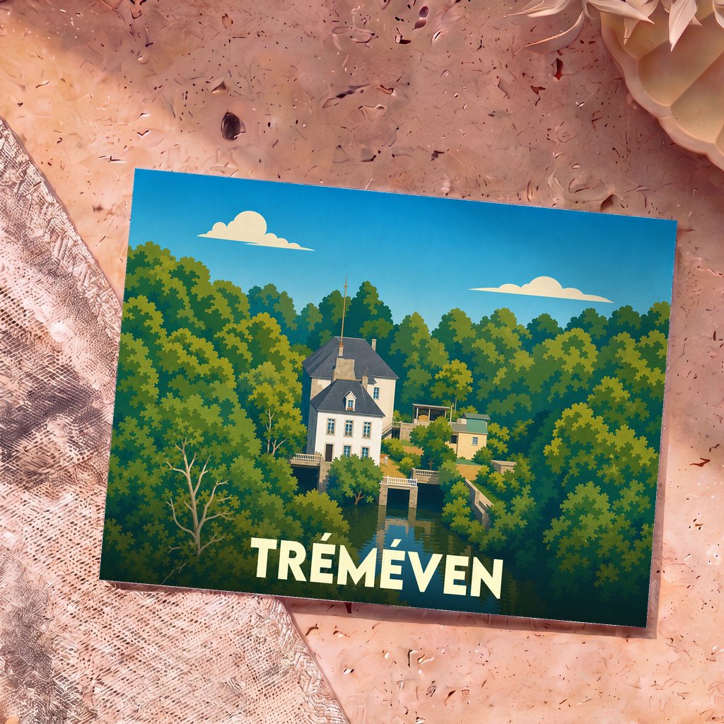 Carte postale souvenir de la ville de Tréméven avec une illustration stylisée d'un manoir au bord de l'eau.