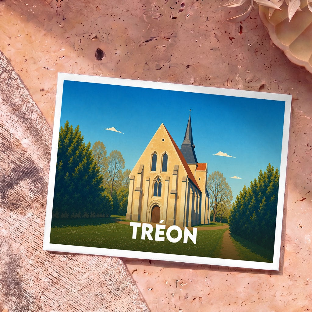 Carte postale souvenir de la ville de Tréon avec une illustration stylisée de son église.