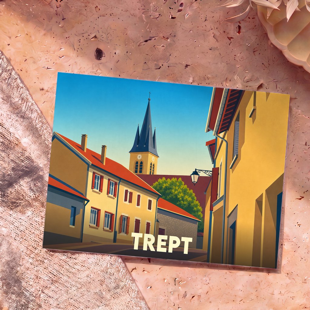 Carte postale souvenir de la ville de Trept avec une illustration stylisée de ses rues et de son église.