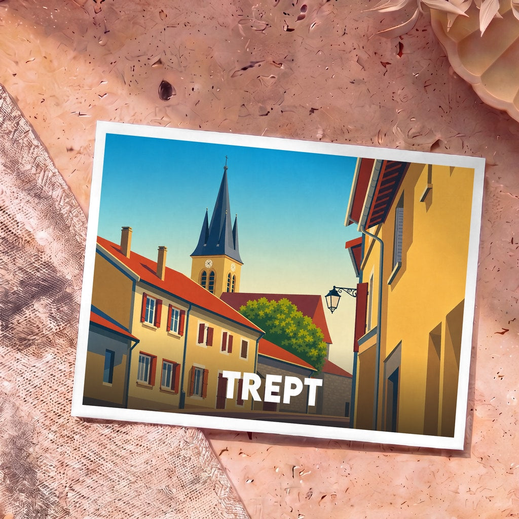 Carte postale souvenir de la ville de Trept avec une illustration stylisée de ses rues et de son église.