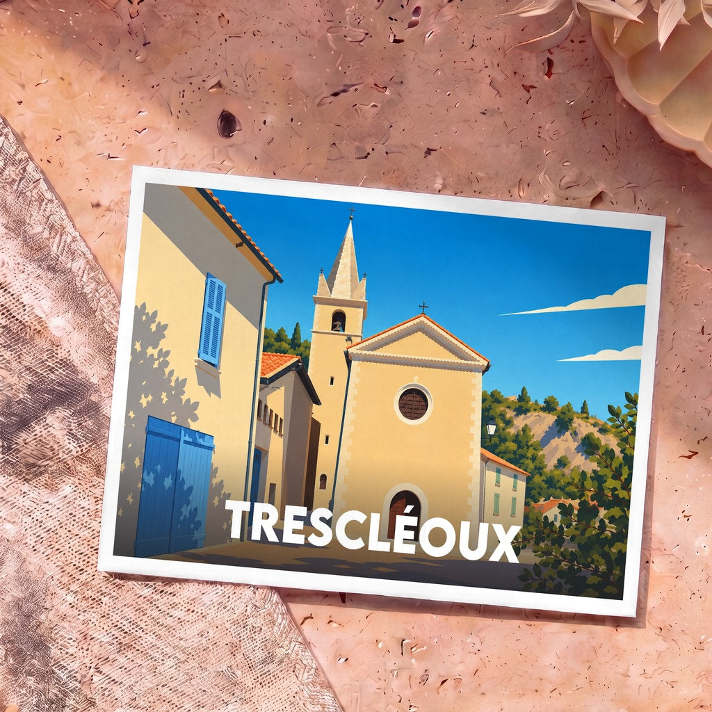 Carte postale souvenir de la ville de Trescléoux avec une illustration stylisée de son église sous un ciel bleu.