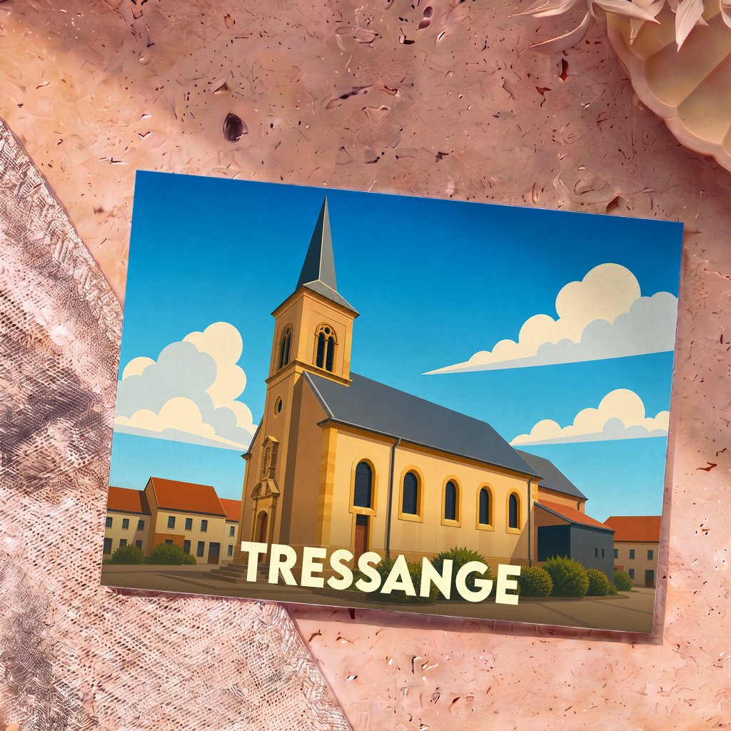 Carte postale souvenir de la ville de Tressange avec une illustration stylisée de son église sous un ciel bleu.