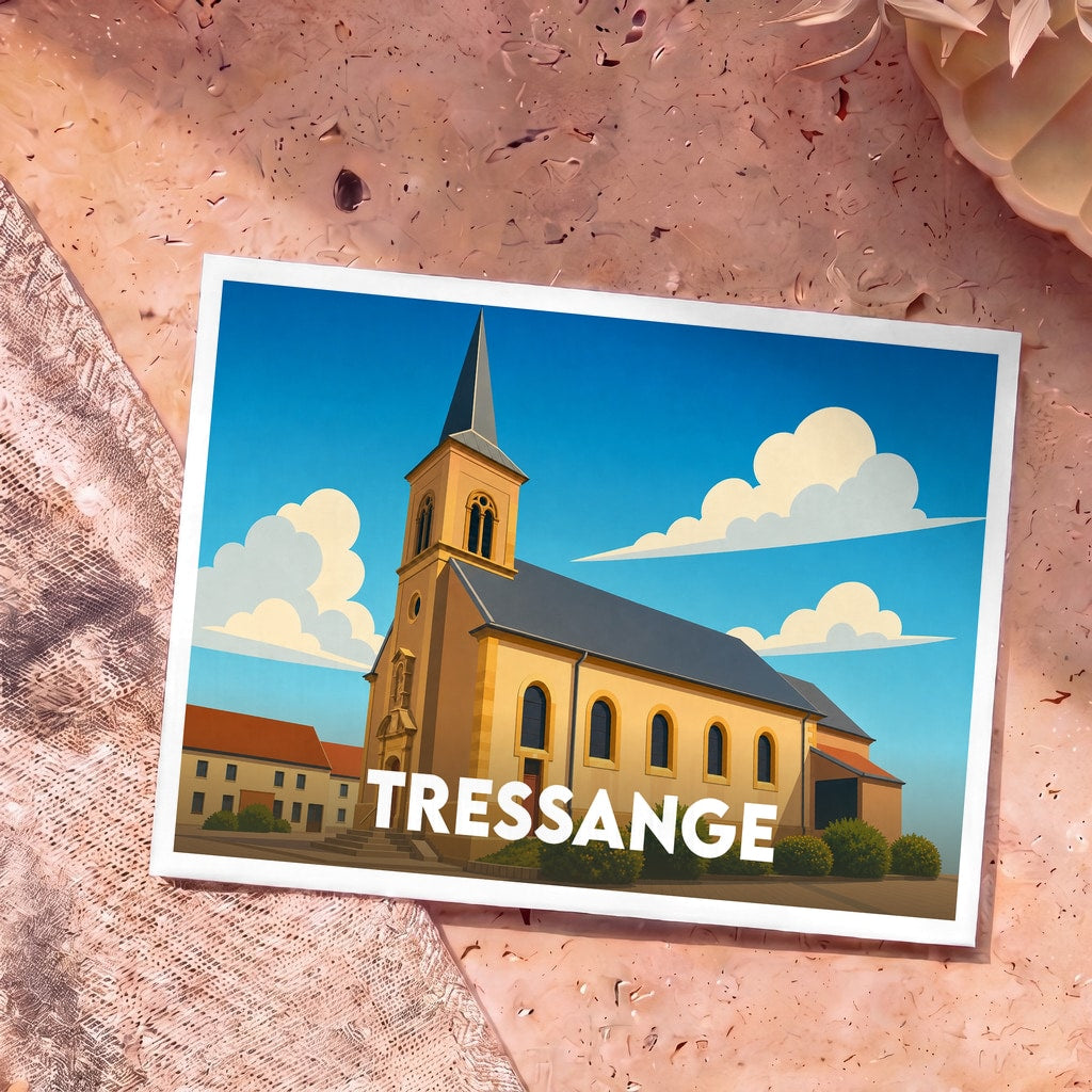 Carte postale souvenir de la ville de Tressange avec une illustration stylisée de son église sous un ciel bleu.