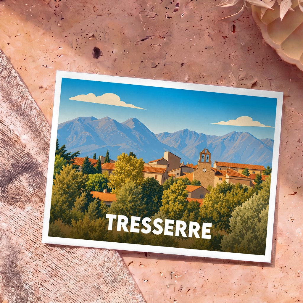 Carte postale souvenir de la ville de Tresserre avec une illustration stylisée d'un village devant des montagnes.