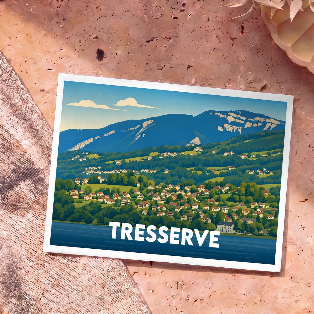 Carte postale souvenir de la ville de Tresserve avec une illustration stylisée d'un paysage de montagne et de lac.