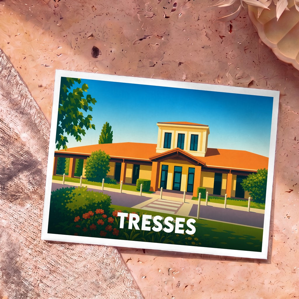 Carte postale souvenir de la ville de Tresses présentant une illustration stylisée et colorée de son architecture locale.