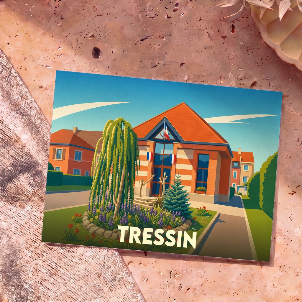 Carte postale souvenir de la ville de Tressin avec une illustration colorée et stylisée de sa mairie.