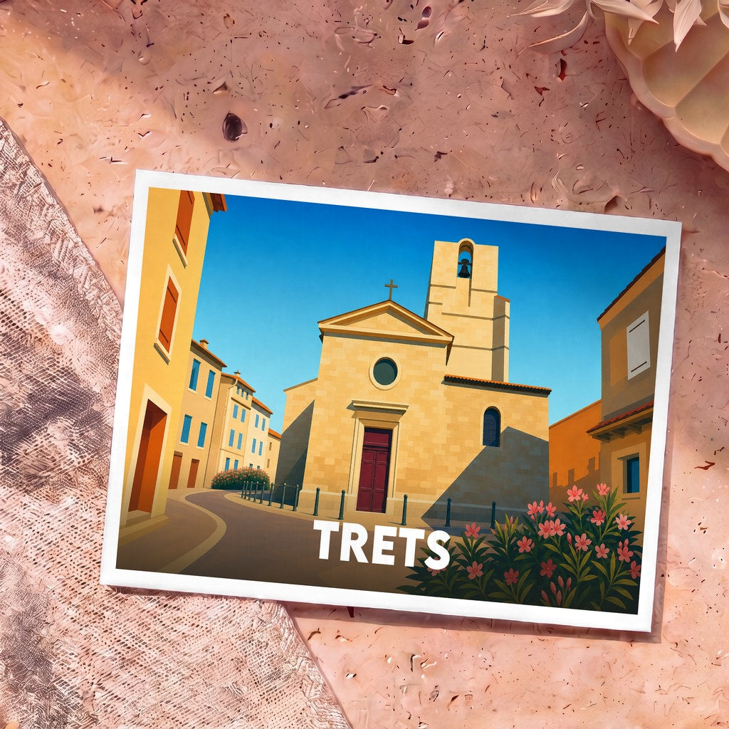 Carte postale souvenir de la ville de Trets avec une illustration stylisée de son église sous un ciel bleu.