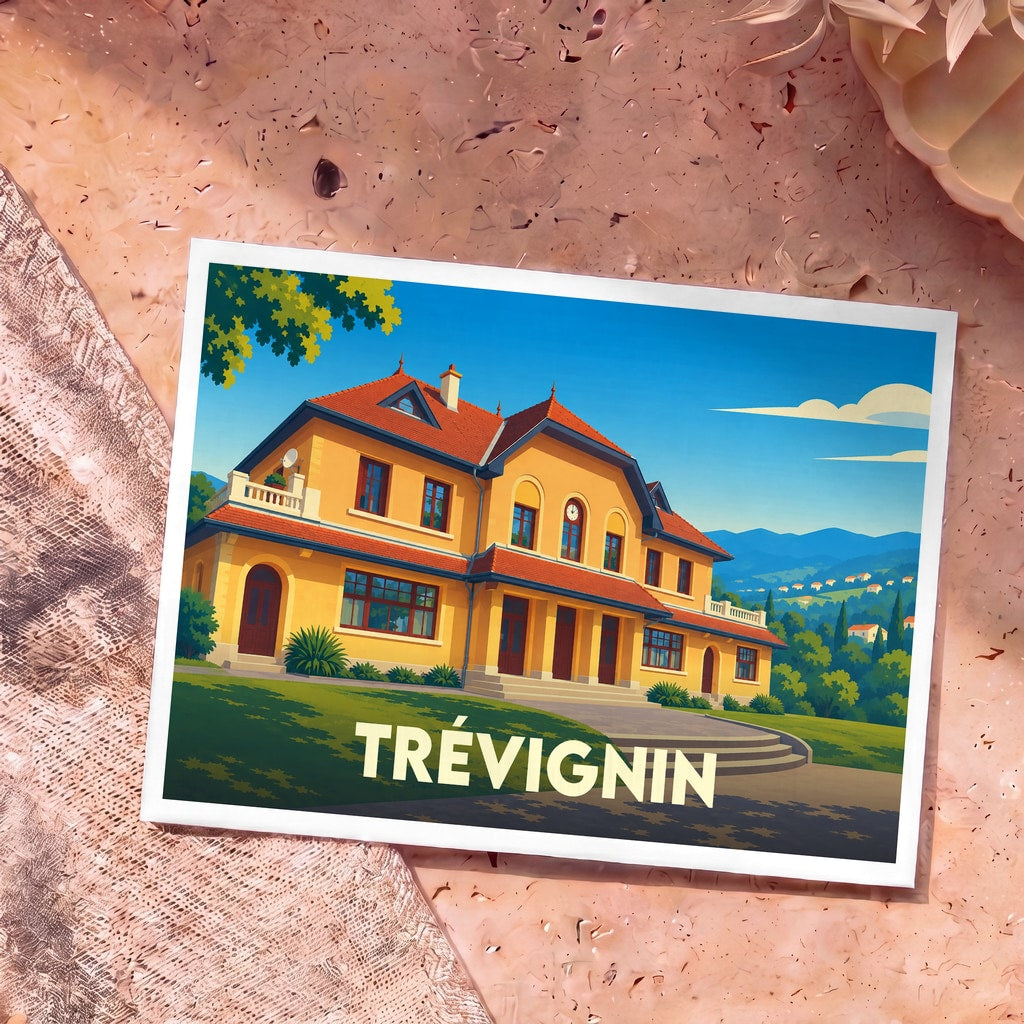 Carte postale souvenir de la ville de Trévignin avec une illustration stylisée d'un bâtiment jaune sous un ciel bleu.