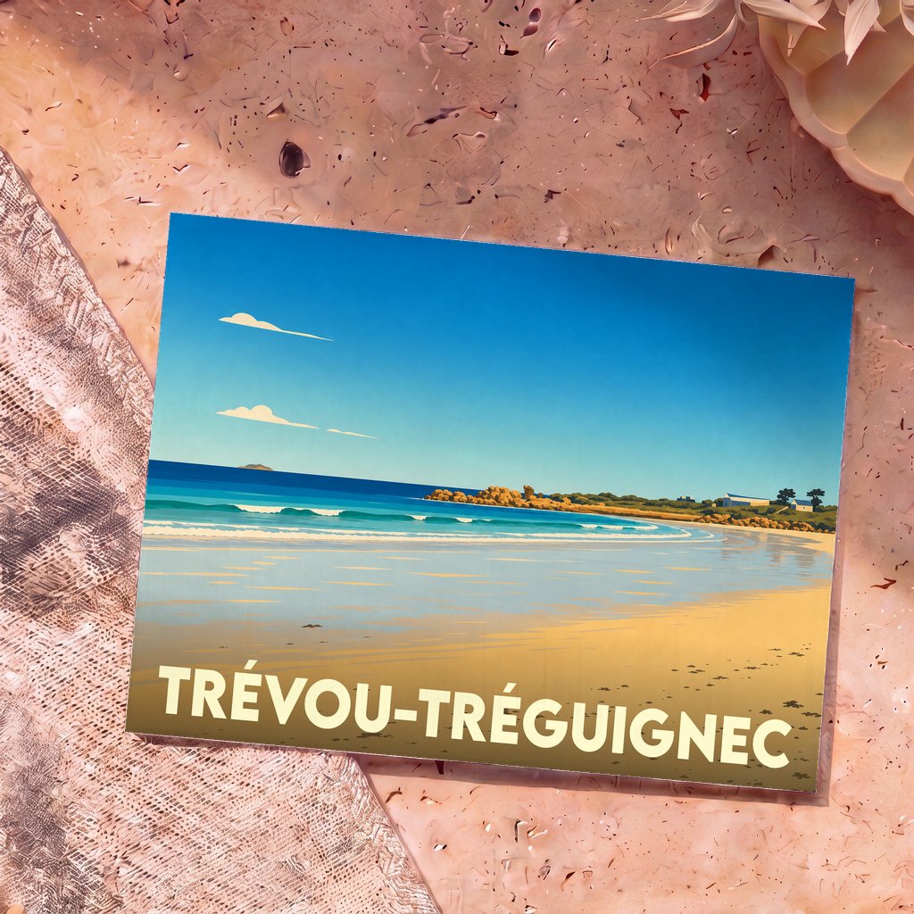 Carte postale souvenir de la ville de Trévou-Tréguignec avec une illustration stylisée de sa plage.
