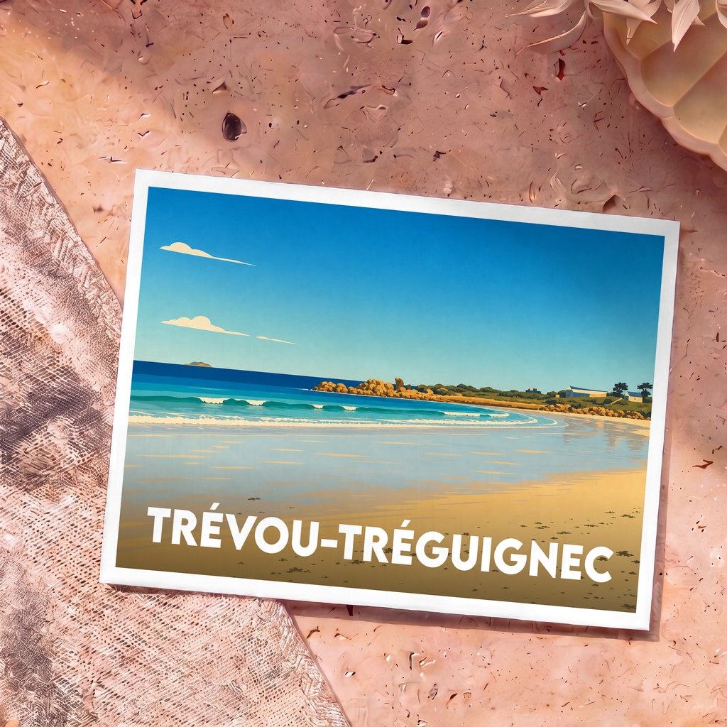 Carte postale souvenir de la ville de Trévou-Tréguignec avec une illustration stylisée de sa plage.