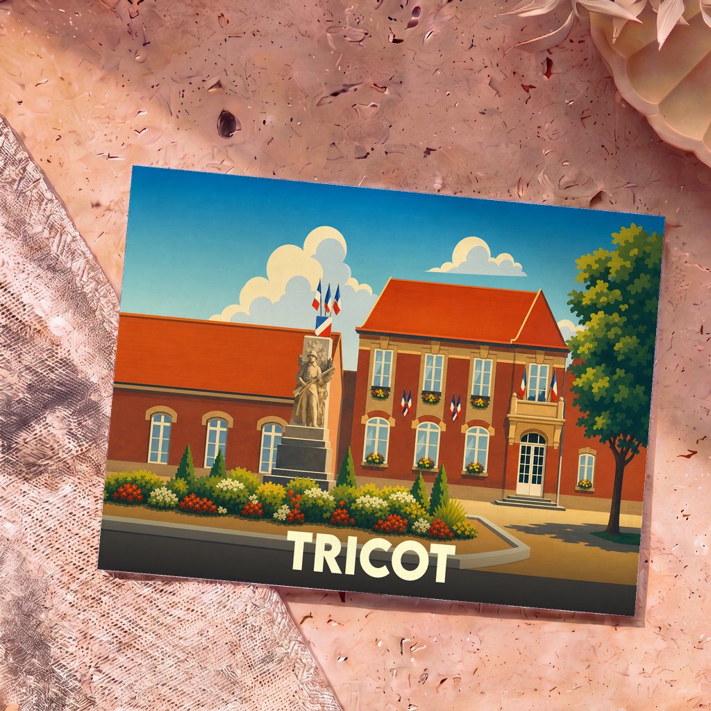 Carte postale souvenir de la ville de Tricot avec une illustration stylisée de sa mairie et de son monument aux morts.