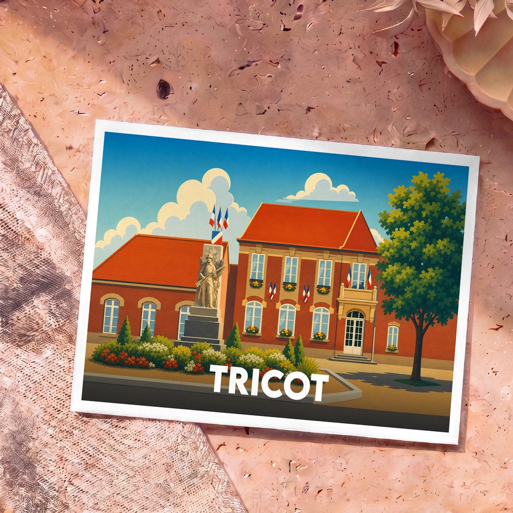 Carte postale souvenir de la ville de Tricot avec une illustration stylisée de sa mairie et de son monument aux morts.
