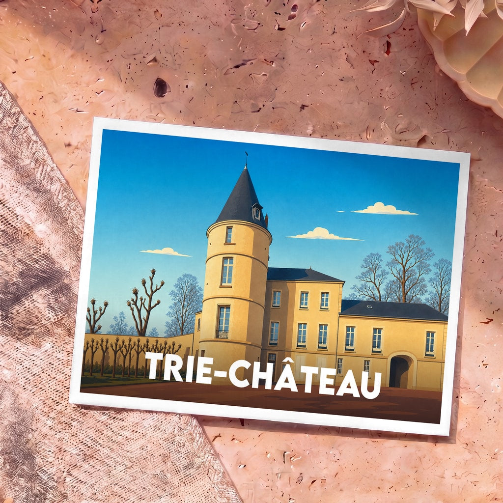 Carte postale souvenir de la ville de Trie-Château avec une illustration stylisée de son château.