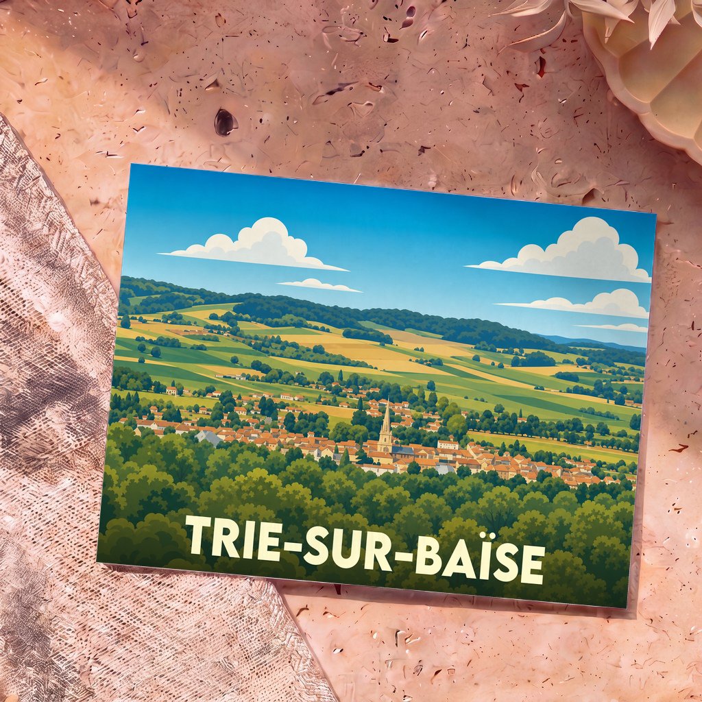 Carte postale souvenir de la ville de Trie-sur-Baïse avec une illustration stylisée de son paysage vallonné.