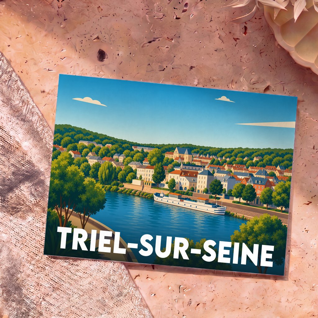 Carte postale souvenir de la ville de Triel-sur-Seine présentant une illustration colorée et stylisée des bords de Seine.