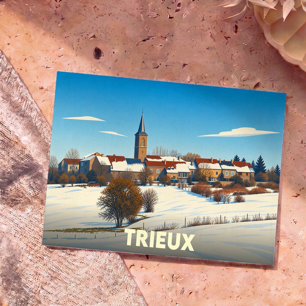 Carte postale souvenir de la ville de Trieux avec une illustration stylisée d'un paysage hivernal.