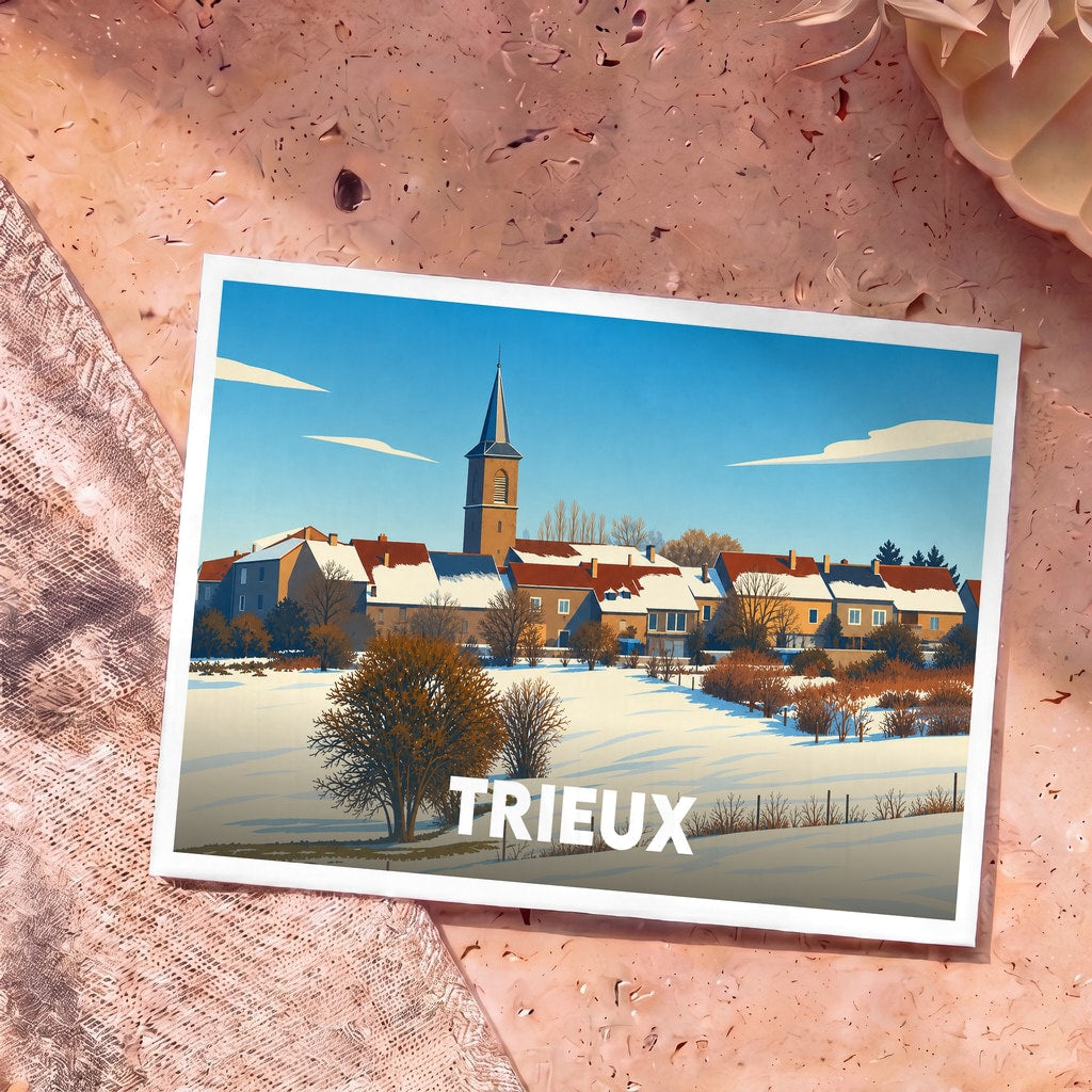 Carte postale souvenir de la ville de Trieux avec une illustration stylisée d'un paysage hivernal.