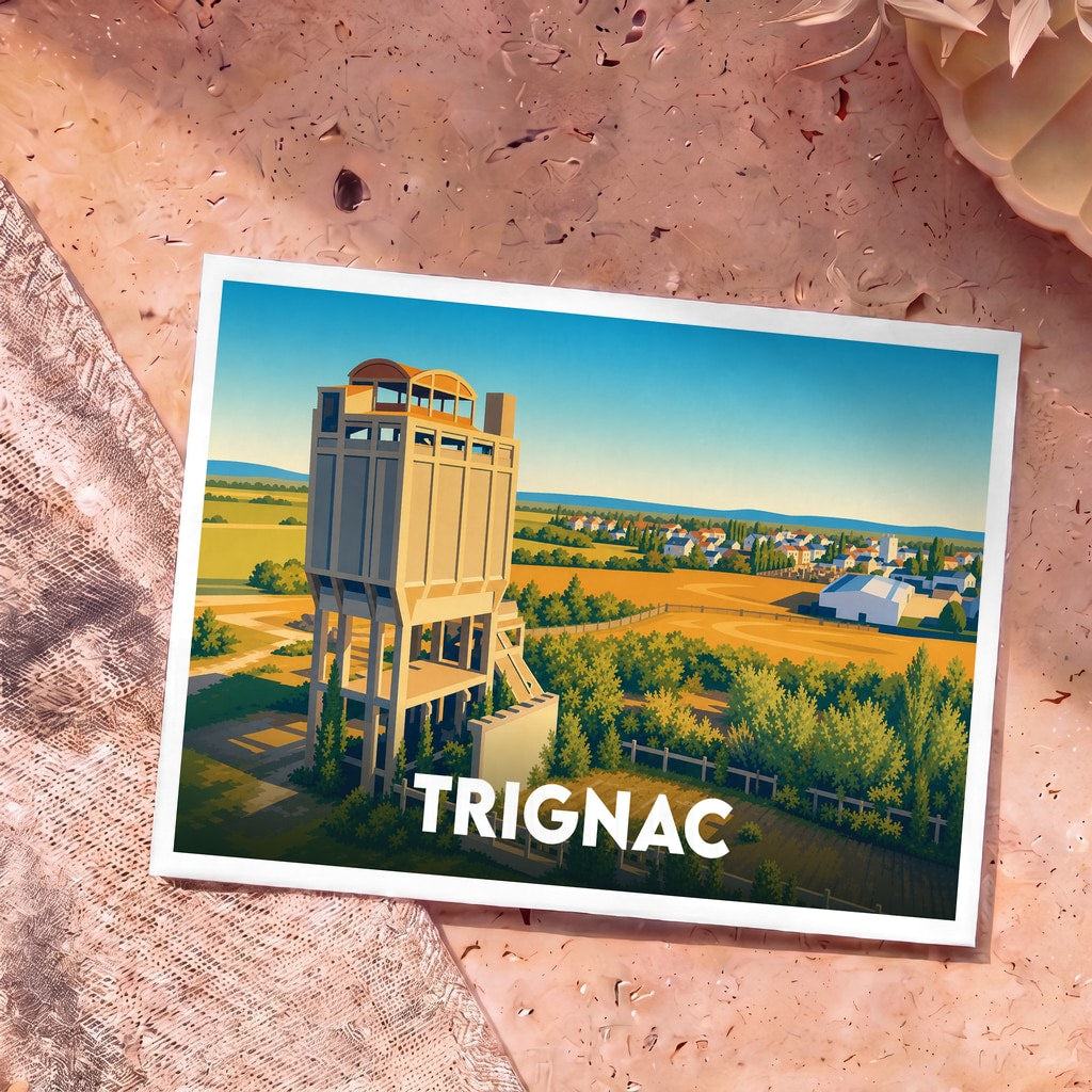 Carte postale souvenir de la ville de Trignac illustrant ses châteaux d'eau emblématiques dans un style graphique épuré.