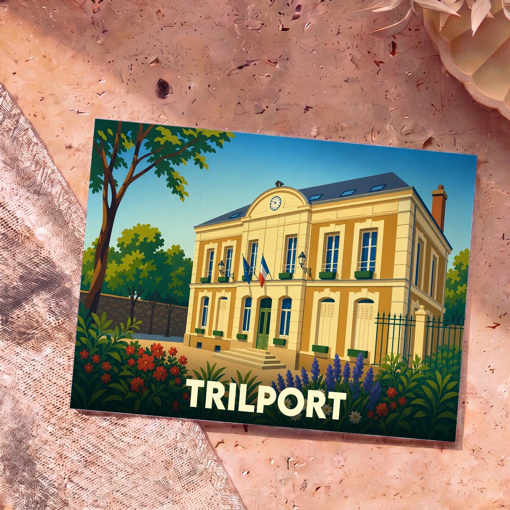Carte postale souvenir de la ville de Trilport illustrant sa mairie dans un style graphique et coloré.