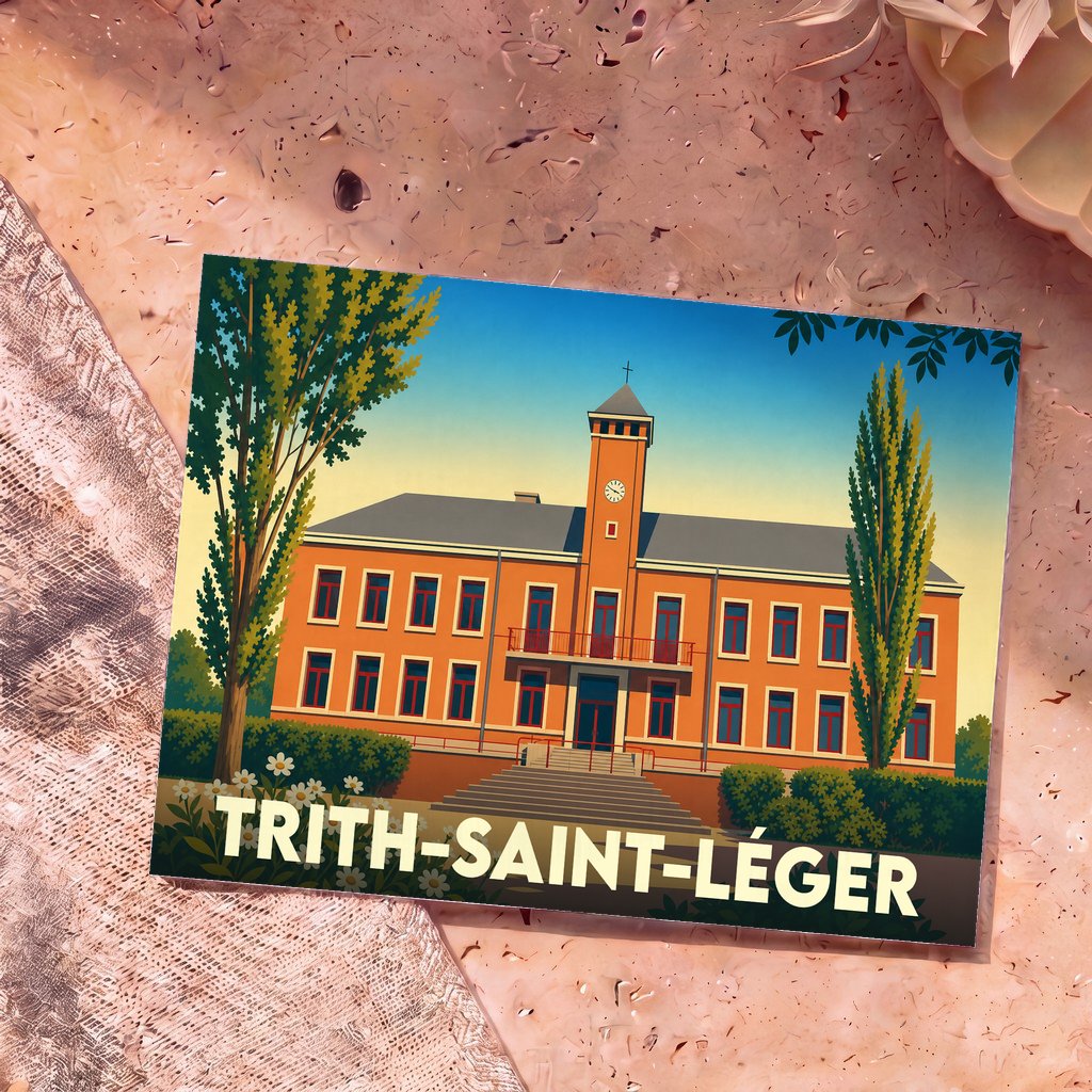 Carte postale souvenir de la ville de Trith-Saint-Léger avec une illustration stylisée de son hôtel de ville.