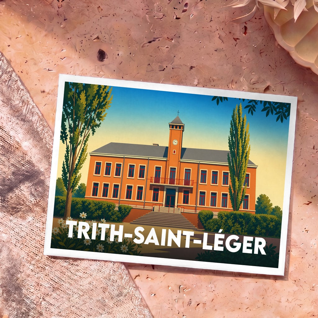 Carte postale souvenir de la ville de Trith-Saint-Léger avec une illustration stylisée de son hôtel de ville.