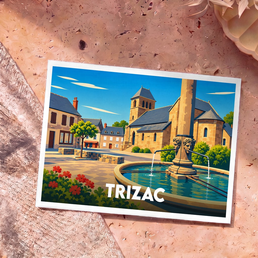 Carte postale souvenir de la ville de Trizac avec une illustration stylisée d'une place ensoleillée et sa fontaine.