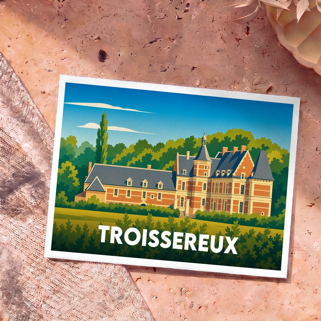 Carte postale souvenir de la ville de Troissereux avec une illustration stylisée de son château.