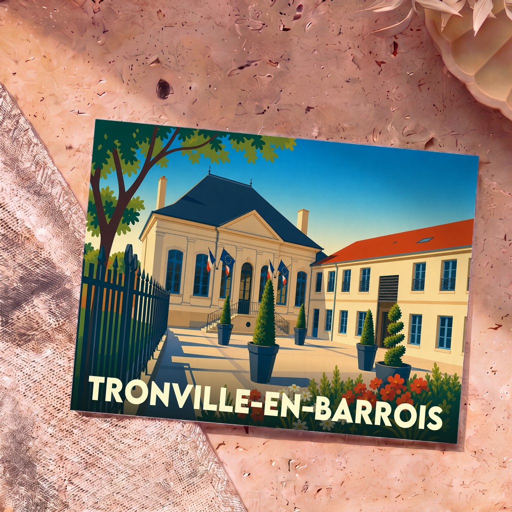 Carte postale souvenir de Tronville-en-Barrois illustrant l'hôtel de ville dans un style graphique épuré et coloré.