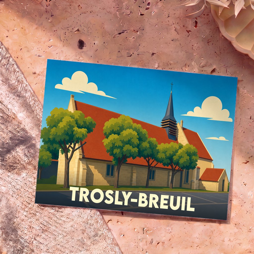Carte postale souvenir de la ville de Trosly-Breuil avec une illustration stylisée de son église.