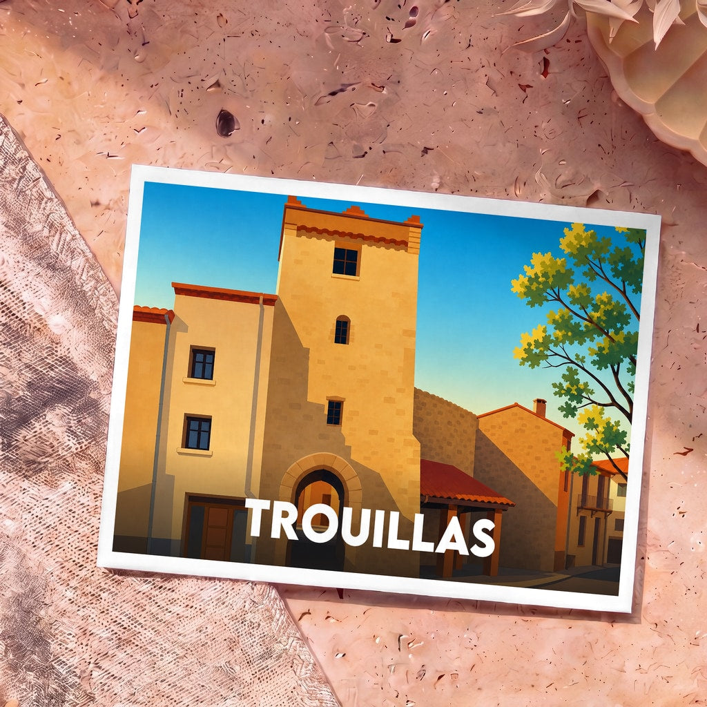 Carte postale souvenir de la ville de Trouillas présentant une illustration stylisée de son architecture traditionnelle sous un ciel bleu.