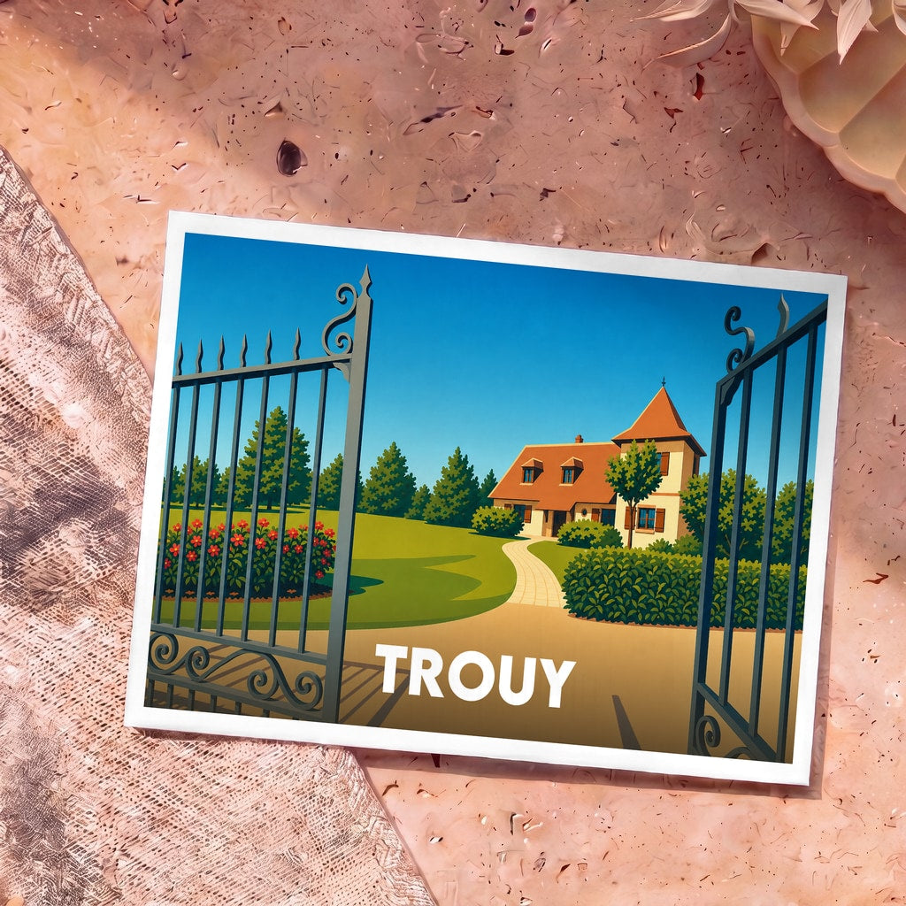 Carte postale souvenir de la ville de Trouy avec une illustration stylisée d'une maison à travers un portail ouvert.