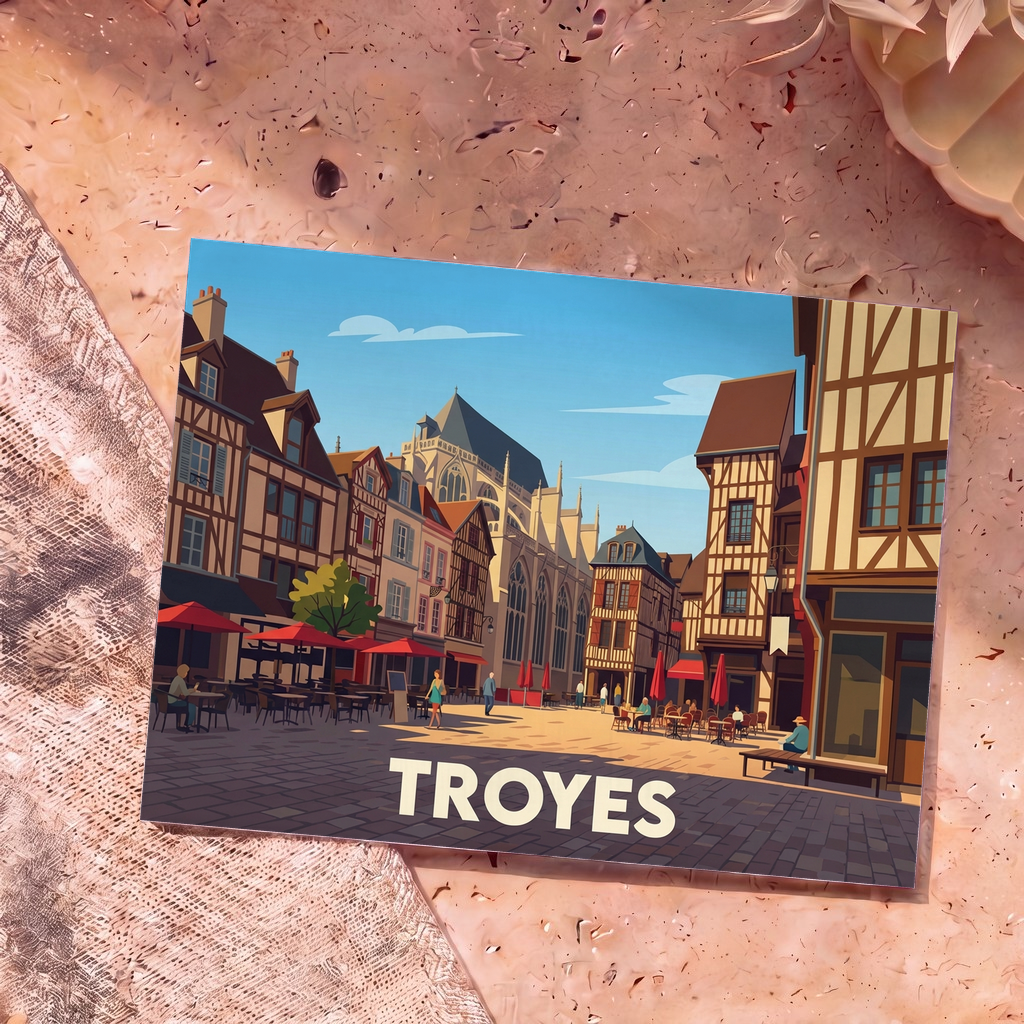 Carte postale souvenir de la ville de Troyes avec une illustration stylisée de ses maisons à colombages.